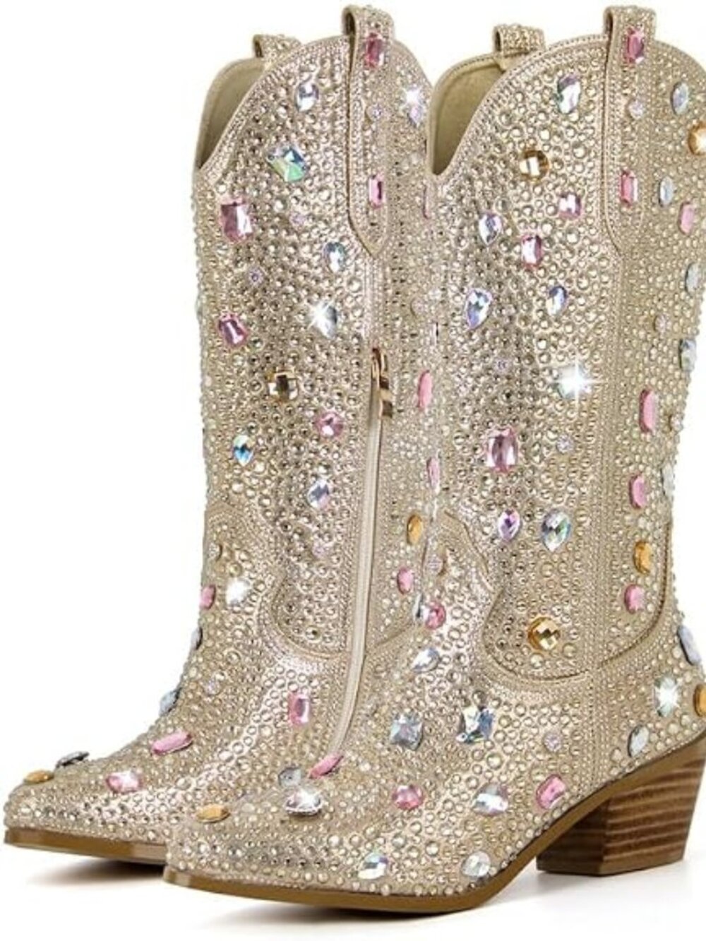 👢Women's Gem Gold Sparkly Rhinestones Cowgirl Style Boots Calf High Boots